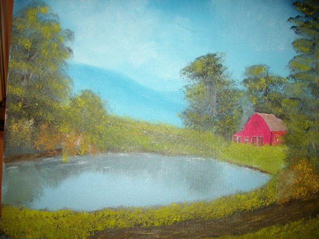 John Hughes  'Red Barn By A Pond', created in 2016, Original Painting Oil.