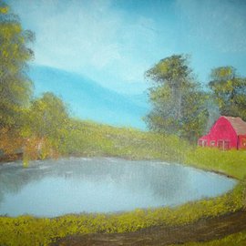 Red barn by a Pond By John Hughes
