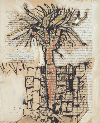 John Douglas: 'dragon blood tree', 2015 Ink Drawing, Trees. Dragon blood tree, darling Point, Sydney Australia.Ink, gouache, aquarelle pencils on a book page on Roman History. From life. ...