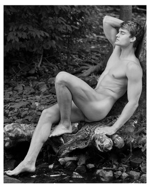John Falocco: 'asleep by a stream', 2023 Digital Photograph, Nudes. Male figure study in nature. ...