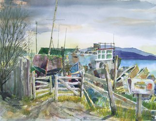 John Hopper: 'Mendocino Boatyard', 2012 Watercolor, Landscape. Artist Description:    Along Highway 1 on the Mendocino coast a collection of boats reside, some not to sail again, some waiting restoration, all biding time and weather behind a wooden gate.   ...