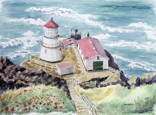 John Hopper: 'Poppies at Point Reyes Station', 2012 Watercolor, Seascape. Artist Description:  Like petals strewn along side your path the poppies wave you on down the steep stair and path to the Pt. Reyes Station Light below with the Pacific Ocean as the backdrop.The original watercolor is 30