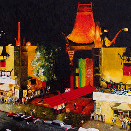 Juan Carlos Vizcarra: 'Chinese Theater 1965', 2010 Acrylic Painting, Impressionism. Artist Description:  Easily one of the most recognizable structures on the Hollywood strip, the iconic Grauman' s Chinese Theater has been launching acting careers for decades. Represented here by bright lights and contrasting hues the effect is augmented by rich strokes of heavy paint. ...