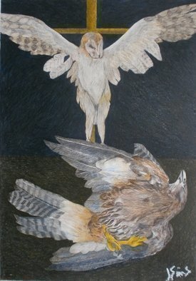 John Sims: 'at the base of a crucifixion', 2013 Crayon Drawing, Birds. As an illustrator I frequently used colour pencils and crayons, in 2012 13 I started to use them again to draw birds, dead and alive. These nature morte drawings were inspired by 17 century Spanish painters...