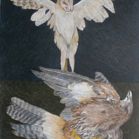 John Sims: 'at the base of a crucifixion', 2013 Crayon Drawing, Birds. Artist Description: As an illustrator I frequently used colour pencils and crayons, in 2012 13 I started to use them again to draw birds, dead and alive. These nature morte drawings were inspired by 17 century Spanish painters...
