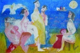 John Sims: 'meeting with poussin', 2011 Mixed Media, Figurative. Drawn with colour pencil and oil pastel on paper after looking at paintings by Poussin and De Kooning. An imaginary meeting on a beach in Cyprus...