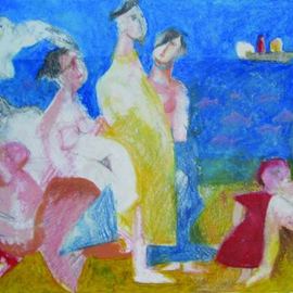 John Sims: 'meeting with poussin', 2011 Mixed Media, Figurative. Artist Description: Drawn with colour pencil and oil pastel on paper after looking at paintings by Poussin and De Kooning. An imaginary meeting on a beach in Cyprus...