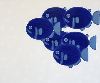 Jorge Gonzalez: 'amazon blue', 2024 Acrylic Painting, Animals. The image features a collection of five blue fish against a light- colored background that may suggest an aquatic environment. The fish are oriented such that three appear to be facing the viewer head- on, while the remaining two are facing different directions, one to the right and the other ...