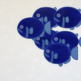 Jorge Gonzalez: 'amazon blue', 2024 Acrylic Painting, Animals. Artist Description: The image features a collection of five blue fish against a light- colored background that may suggest an aquatic environment. The fish are oriented such that three appear to be facing the viewer head- on, while the remaining two are facing different directions, one to the right and ...