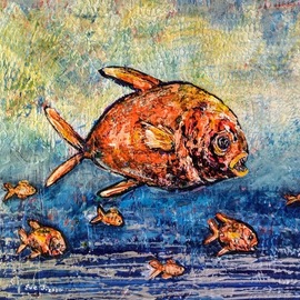 Eve Jorgensen: 'fish in the ocean no 2', 2019 Acrylic Painting, Seascape. Artist Description: Colourful Coral trout in ocean - Main large fish and some small ones.Acrylic on Canvas - textured paint, bright orange and blue colours...