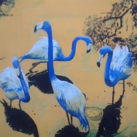 Phillip Matthews: 'on golden pond', 2023 Acrylic Painting, Birds. Artist Description: Brazilian flamingoes reflecting in the water. ...