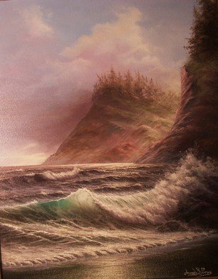 Joseph Porus: 'Northwest Breakers', 1995 Oil Painting, Seascape.     Oil on canvas. Taken from the Pacific Northwest coastline. This was inspired by E Garin and done in that style with a trist of course. Cuntrast of coastline hues and fragile ocean colors are more striking. Cooler sunset adds drama stage left ...