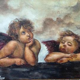 Joseph Porus: 'Raphael Angels Only Different', 2013 Oil Painting, Biblical. Artist Description:                 Oil on linen. Raphael's cherubs . . . except . . . . I painted one of them fast asleep                                          ...