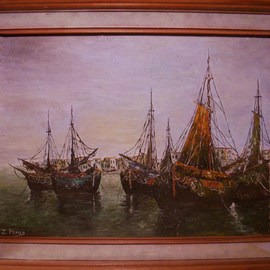 Joseph Porus Artwork Sails at Port, 1988 Oil Painting, Sailing