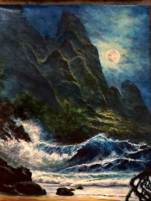 Joseph Porus: 'maui moon', 2017 Oil Painting, Beach. Paradise of Maui Inspired by Tobora works.  Great moonlight in cliffs and surf...