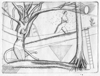 Julian Dourado: 'garden drawing i', 2006 Other Drawing, Figurative. Unique combined etching and pencil drawing. Themes: urban garden, trees, backyard, nature spirits, plant spirits, dryads, esoteric, magick, paganism, surrealism. ...