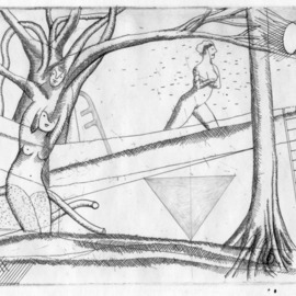 Julian Dourado: 'garden drawing i', 2006 Other Drawing, Figurative. Artist Description: Unique combined etching and pencil drawing. Themes: urban garden, trees, backyard, nature spirits, plant spirits, dryads, esoteric, magick, paganism, surrealism. ...