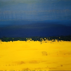 Yulia Larionova: 'the sea', 2023 Acrylic Painting, Abstract Landscape. Artist Description: The sea painting is an abstract image that conveys the atmosphere of a calm and hot day on the beach. at the bottom of the painting there is a strip of bright yellow color imitating sand, and 2 3 of the rest of the painting is occupied by ...