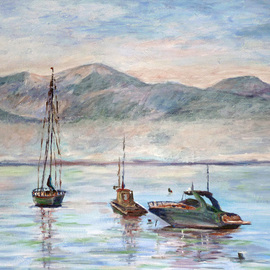 Julie Van Wyk: 'misty morn on lake tahoe ', 2010 Acrylic Painting, Boating. Artist Description:     boats on lake tahoe     ...