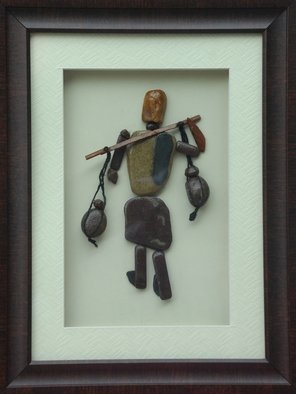 Jyothi Chinnapa Reddy: 'a village man with pots', 2017 Crafts, Abstract. it is made with natural pebble stones and a beautiful frame...