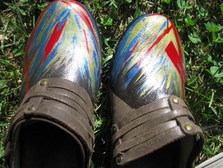 Liz Chambers: 'Hand painted Abstract Frye Brown Leather Clogs 6M', 2013 Leather, Abstract. Artist Description:  NEW- with tag- Frye brand Brown Distressed Leather Women's Clogs- Size: 6MBold abstract done with Acrylic paint in Icy Blue( Metallic) , Red, Gold( Metallic) ...