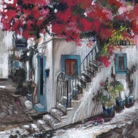 Elzbieta Kamienska: 'greece', 2017 Pastel, Landscape. Artist Description: Keywords: red, southern, stairs, street, town, tree, buildings ...
