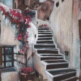 Elzbieta Kamienska: 'greece', 2017 Pastel, Landscape. Artist Description: Keywords: red, rose, south, stairs, town, bright, brown, buildings, cream ...