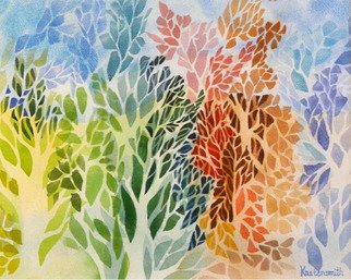 Diane Kastensmith Bradbury: 'Seasons 15', 2011 Watercolor, Abstract Landscape.  Negative trees creating a rainbow pattern ...