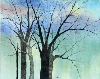 Diane Kastensmith Bradbury: 'Spring Trees 27', 2000 Mixed Media, Abstract Landscape.  This is an original transparent watercolor background with ink drawing added when dry.  The subject is black trees in front of a spring sunset, giving the painting a stained glass effect.  Please contact me by email with questions. ...