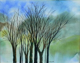 Diane Kastensmith Bradbury: 'Spring Trees 28', 2000 Watercolor, Abstract Landscape.  This is an original transparent watercolor.  The subject is stylized trees in front of a fluid background.  Please contact me by email with questions.  ...
