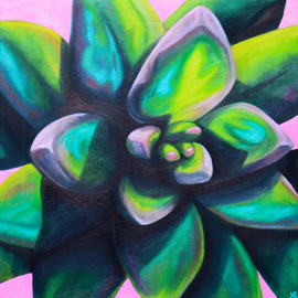 Kate Revill: 'succulent no2', 2021 Oil Painting, Nature. Artist Description: Using a household plant, I wanted to explore and experiment with colour, tone and depth. I find the variety of colours that can be found in succulents alluring. The artwork has a textured undercoat, oil paints used for vibrancy and then finished with a matte varnish finish. ...