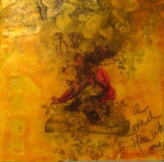 Kathleen Flowers: 'Just Words', 2012 Encaustic Painting, Conceptual.   Encaustic, image transfer, fabric and oil paint on panel     ...