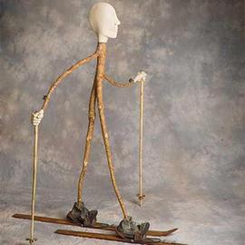 Steve Kiene: 'The Skier', 2006 Mixed Media Sculpture, Figurative. Artist Description: This work stands 5 high and is made from a pine branch with clay head and hands.  Bamboo ski poles are removable for transport and the old childrens skis from the 40s.  The legs of the skier are cemented in a pair of old weathered shoes I found ...