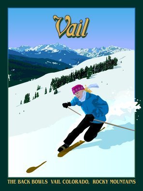 Steve Kiene: 'Vail Poster', 2015 Digital Drawing, Sports.  Ski Skiing Telemark Mountains Vail Colorado Back Bowles Holy Cross Snow Girl Blonde Tele      ...