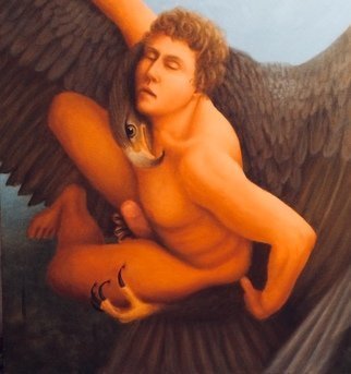 Michael Kehrlein: 'abduction of ganymede', 2016 Oil Painting, Erotic. Zeus looked down on the earth and saw Ganymede the most beautiful human. Changing onto the form of an eagle Zeus swept down and abducted the beautiful young man. With one set of claws he held the young mans thigh and the other grasping his genitalia Zeus flew off to ...
