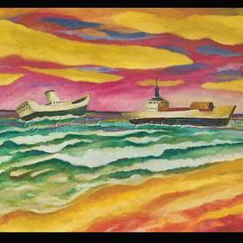 L. Kelen: 'Freighters  TurksCaicos', 2005 Oil Painting, Seascape. Artist Description: Oil on masonite. . .It has not been framed. . .so, Im not really ready to sell it yet....