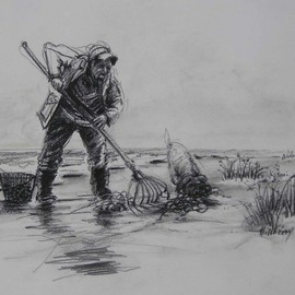Ken Hillberry: 'Clam Digger', 2002 Charcoal Drawing, Seascape. Artist Description:  A charcoal drawing elaborating on the mystique of friends and involvement in a pastime, which is prosperous and soulful. ...