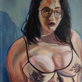 Anyck Alvarez Kerloch: 'new bra', 2023 Acrylic Painting, Nudes. Artist Description: Acrylic work on unmounted canvas.  Representing a young voluptuous woman in underwear. She is unbashful and looking right at the viewer. ...