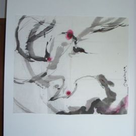 Kichung Lizee: 'Dance of Crane', 2005 Mixed Media, Birds. Artist Description:  done on mulberry paper, using Chinese ink, Eastern calligraphy brush and water color.  presented as a traditional Asian scroll. ...