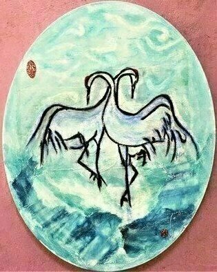 Kichung Lizee: 'two crane series 3', 2020 Mixed Media, Birds. oval shape canvas for two cranes meeting using Chinese calligraphy brush and ink...