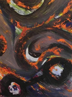 Kimmie Hamm: 'Fire in the Minds eye', 2015 Oil Painting, Conceptual.   My vision of an artists mind  When you look through the eyes and into the mind you see that sometimes an idea takes hold and creates a fire, flames of orange and red spark creativity they ride along with the swirling brainwaves of the thought process. Represented by the color...