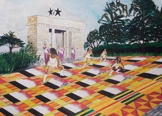 Kimberly King: 'Rising Sun in Freedom Square', 2012 Watercolor, Representational.  The flag dancers move to the rhythm of the trumpets playing and make the Kente cloth rise. The Ghanaian Kente cloth has a philosophical idea that one should progess to a brighter future. ...