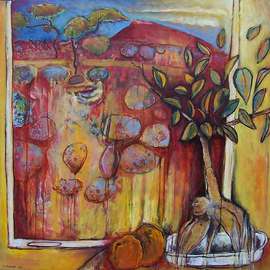 Karl James: 'interior with landscape 2', 2006 Oil Painting, Landscape. Artist Description: a vibrant oil on canvas depicting a still life with bosai fig in front of a window with a view of the australian landscape...