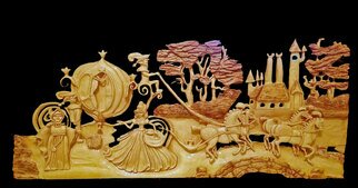 Kelly Thomas: 'cinderella', 2022 Woodworking Art, Magical. This is a carving of a 1930 s storybook of Cinderella, I inherited the book from my grandmother and Cinderella has always been the favorite of mine. I chose the most ionic image,  going to the ball . This is carved out of pine wood, it is 36L by 25H  I ...