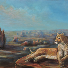 Katalin Luczay: 'Arizona the mountain lion puma', 2022 Oil Painting, Animals. Artist Description: The colors of Arizona rocks, with the mystery of the mountain lion, Grand Canyon, Puma, National Parks, puma at the National Parks...