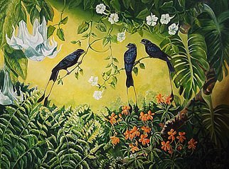 Meenakshi Subramaniam: 'Conversation 2, Racket Tailed Drongos', 2015 Acrylic Painting, nature.        Bird Art India, Wildlife, Nature , Western Ghats, Kerala, endemic  Butterflies of tropical forests in India   ...