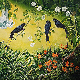 Meenakshi Subramaniam: 'Conversation 2, Racket Tailed Drongos', 2015 Acrylic Painting, nature. Artist Description:        Bird Art India, Wildlife, Nature , Western Ghats, Kerala, endemic  Butterflies of tropical forests in India   ...