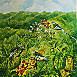 Meenakshi Subramaniam: 'Grey Headed Bulbuls', 2015 Acrylic Painting, nature. Artist Description:           Bird Art India, Wildlife, Nature , Western Ghats, Kerala, endemic  Butterflies of tropical forests in India      ...