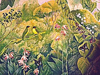 Artist: Meenakshi Subramaniam - Title: Ruby Throated Bulbuls and Orchids - Medium: Acrylic Painting - Year: 2015