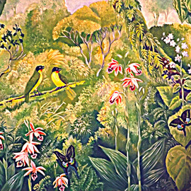 Meenakshi Subramaniam: 'Ruby Throated Bulbuls and Orchids', 2015 Acrylic Painting, nature. Artist Description:          Bird Art India, Wildlife, Nature , Western Ghats, Kerala, endemic  Butterflies of tropical forests in India     ...